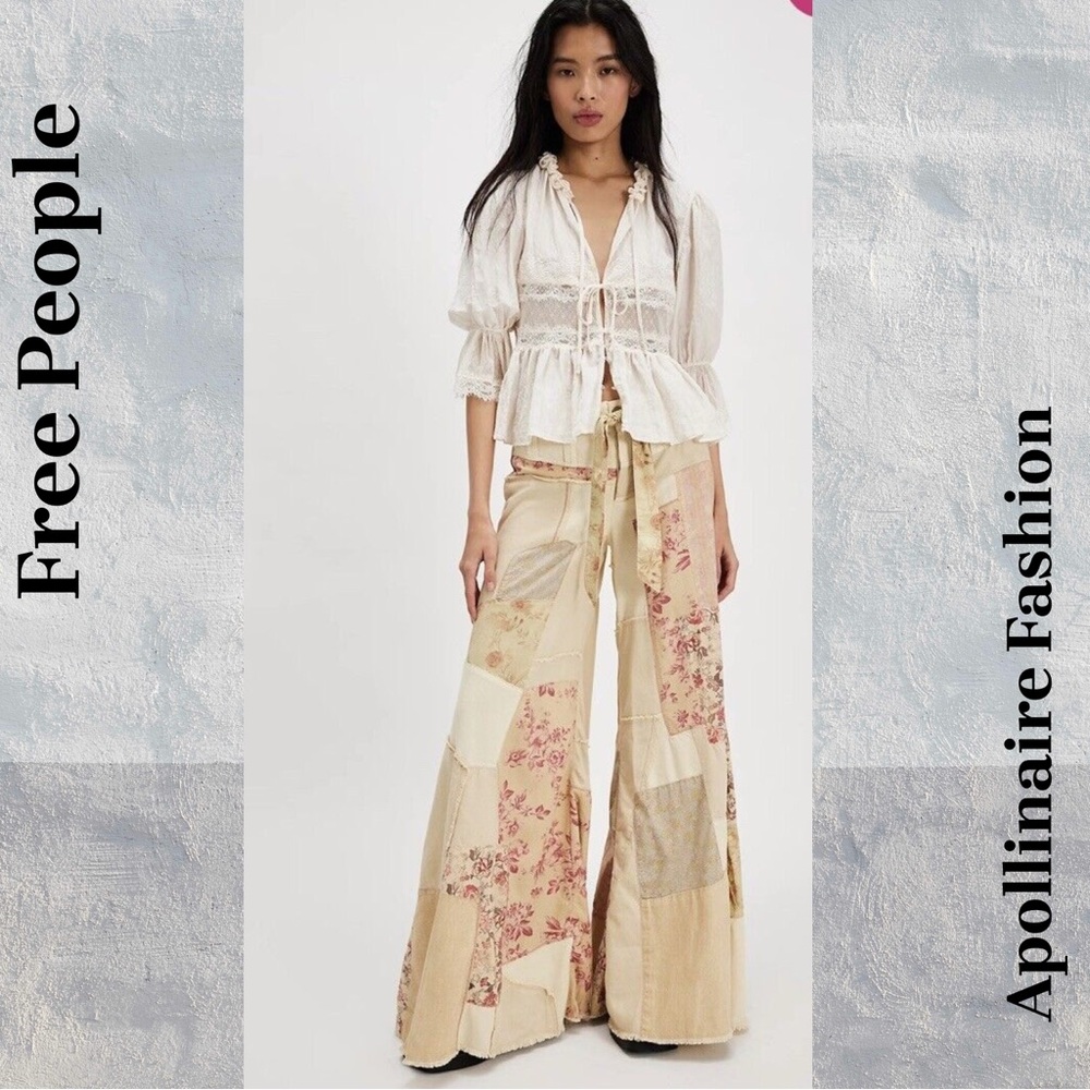 Free People Cream & Blush Patchwork Wide Leg Pants